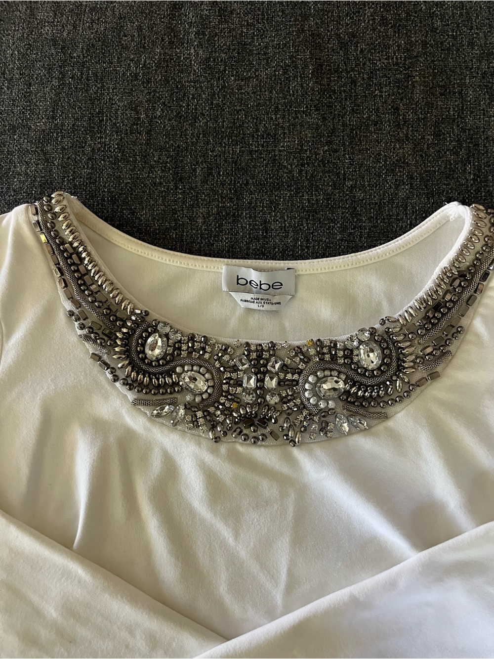 bebe White Long Sleeve Top with Beaded Jeweled Collar - Picture 2 of 6